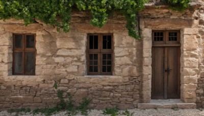 outdoors,day,tree,no humans,window,grass,plant,building,nature,scenery,door,bush,wall,house,brick wall,artist name,watermark