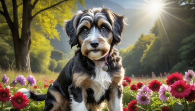 HQ,solo,blue eyes,flower,outdoors,sky,day,tongue,tongue out,tree,no humans,animal,sunlight,grass,nature,forest,dog,light rays,realistic,sun,animal focus,looking at viewer,cloud,signature,collar,blue sky,pokemon (creature),mouth hold,cloudy sky,red flower