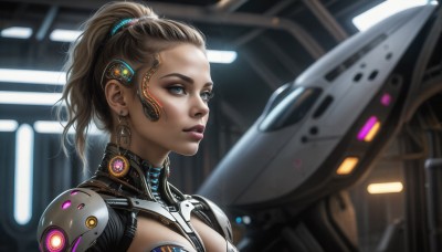 HQ,1girl,solo,breasts,blue eyes,brown hair,hair ornament,jewelry,upper body,ponytail,earrings,parted lips,armor,blurry,lips,makeup,robot,lipstick,science fiction,realistic,nose,cyborg,hair pulled back,power armor,cyberpunk,long hair,looking at viewer,medium breasts,dark skin,from side,dark-skinned female,glowing,portrait,close-up,eyeshadow,eyeliner,cable