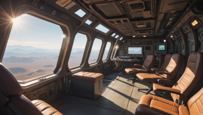 sky,day,cloud,indoors,no humans,window,shadow,chair,sunlight,ground vehicle,scenery,reflection,science fiction,mountain,sun,car interior,cockpit,seat,blue sky,lens flare,light rays,light,cable,monitor,landscape,mountainous horizon