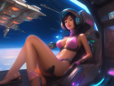 1girl,solo,long hair,breasts,looking at viewer,bangs,large breasts,black hair,gloves,navel,cleavage,brown eyes,jewelry,medium breasts,sitting,underwear,swimsuit,bikini,parted lips,necklace,lips,headphones,helmet,headset,science fiction,realistic,pink bikini,space,planet,reclining,earth (planet),spacecraft,cockpit,holographic interface,short hair,brown hair,bare shoulders,boots,midriff,medium hair,stomach,bare legs,window,star (sky),leaning back,spacesuit