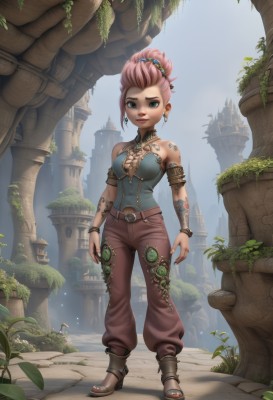 1girl,solo,breasts,looking at viewer,short hair,blue eyes,cleavage,bare shoulders,jewelry,medium breasts,green eyes,standing,full body,pink hair,earrings,outdoors,day,belt,pants,hair bun,nail polish,high heels,bracelet,tree,lips,tattoo,makeup,toes,sandals,single hair bun,ring,plant,lipstick,armlet,toenails,brown pants,topknot,castle,toeless footwear,baggy pants,smile,shirt,hair ornament,sky,sleeveless,solo focus,artist name,necklace,vest,fingernails,bird,leaf,watermark,grass,building,gem,web address,toenail polish,red lips,arm tattoo,shoulder tattoo,statue