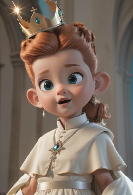 1girl,solo,long hair,looking at viewer,smile,open mouth,blue eyes,brown hair,dress,jewelry,upper body,braid,earrings,teeth,indoors,necklace,cape,white dress,blurry,aqua eyes,capelet,blurry background,upper teeth only,aged down,crown,child,forehead,glint,female child,princess,green eyes,hair bun,orange hair,lips,cross,brooch,gem