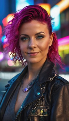 1girl,solo,looking at viewer,smile,short hair,blue eyes,jewelry,closed mouth,jacket,upper body,pink hair,earrings,open clothes,medium hair,necklace,blurry,vest,lips,black jacket,blurry background,realistic,nose,leather,leather jacket,denim jacket,green eyes,purple hair,outdoors,artist name,eyelashes,makeup,night,depth of field,denim,freckles,neon lights