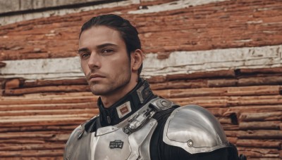 solo,looking at viewer,short hair,brown hair,black hair,1boy,brown eyes,closed mouth,upper body,male focus,dark skin,armor,black eyes,facial hair,shoulder armor,portrait,beard,breastplate,realistic,stubble,animification,brick wall,uniform,military,expressionless,science fiction,pilot suit