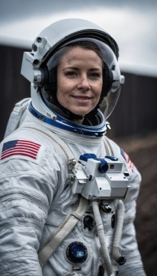 solo,looking at viewer,smile,black hair,1boy,upper body,male focus,signature,blurry,black eyes,blurry background,helmet,science fiction,realistic,old,american flag,spacesuit,japanese flag,space helmet,united states,astronaut,blue eyes,mole,facial hair,space,planet,earth (planet),american flag print