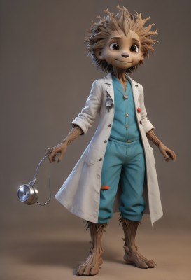 solo,looking at viewer,smile,simple background,shirt,1boy,brown eyes,standing,full body,male focus,barefoot,pants,blue shirt,claws,furry,brown background,labcoat,furry male,stethoscope,doctor,digitigrade,brown hair,watermark,monster girl,monster boy