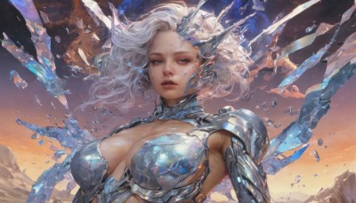 1girl,solo,long hair,breasts,looking at viewer,blue eyes,large breasts,cleavage,medium breasts,upper body,white hair,outdoors,parted lips,sky,artist name,armor,lips,grey eyes,clothing cutout,floating hair,headgear,facial mark,cleavage cutout,shoulder armor,ice,crystal,realistic,nose,bikini armor,debris,shards,short hair,wings,shiny,wind,science fiction,cyborg