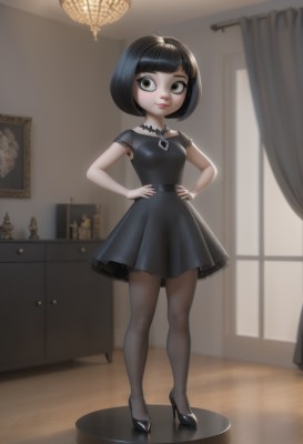 1girl,solo,breasts,looking at viewer,short hair,bangs,black hair,dress,jewelry,closed mouth,standing,full body,short sleeves,pantyhose,small breasts,shoes,shiny,artist name,indoors,signature,blunt bangs,necklace,nail polish,black footwear,black eyes,black dress,high heels,shiny hair,lips,black pantyhose,eyelashes,window,makeup,short dress,bob cut,curtains,hands on hips,smile,green eyes,lipstick,child,red lips,female child,lamp,chandelier