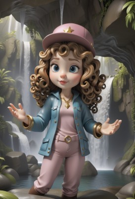 1girl,solo,long hair,looking at viewer,smile,blue eyes,brown hair,shirt,long sleeves,hat,jewelry,standing,jacket,boots,outdoors,parted lips,open clothes,teeth,day,belt,pants,artist name,water,necklace,star (symbol),flat chest,bracelet,open jacket,tree,lips,buttons,wavy hair,brown footwear,plant,blue jacket,child,nature,forest,curly hair,pocket,pink shirt,rock,female child,pink headwear,waterfall,open hands,blonde hair,leaf,denim,star hat ornament