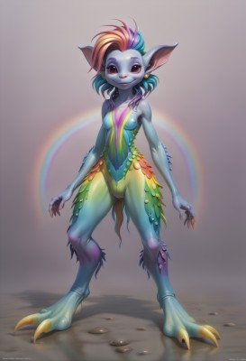 1girl,solo,breasts,looking at viewer,smile,red eyes,navel,animal ears,medium breasts,standing,full body,nude,multicolored hair,small breasts,artist name,signature,grey background,colored skin,watermark,monster girl,web address,claws,furry,legs apart,blue skin,furry female,green skin,rainbow,multicolored skin,fewer digits,furrification,digitigrade,rainbow hair,jewelry,nipples,blue hair,tail,pink hair,purple hair,earrings,parted lips,teeth,medium hair,black eyes,two-tone hair,:3,colored sclera,pink skin,yellow skin