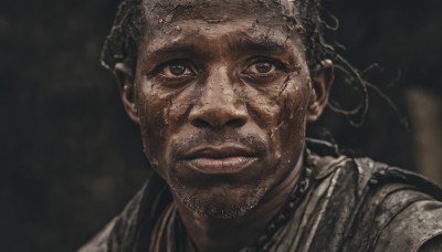 solo,looking at viewer,smile,short hair,black hair,1boy,closed mouth,male focus,parted lips,teeth,dark skin,blurry,black eyes,blurry background,facial hair,scar,dark-skinned male,portrait,beard,realistic,stubble,dreadlocks,mole,close-up,manly