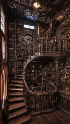 indoors,book,no humans,window,scenery,wooden floor,stairs,door,railing,clock,bookshelf,architecture,gears,ladder,steampunk,day,sunlight,lantern,lamp,ceiling,roman numeral,ceiling light,chandelier,analog clock