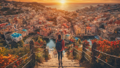 1girl, solo, brown hair, outdoors, sky, pants, hood, water, bag, from behind, tree, ocean, leaf, from above, backpack, building, scenery, walking, sunset, stairs, city, railing, facing away, road, cityscape, watercraft, bridge, autumn