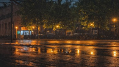 outdoors,sky,artist name,water,tree,no humans,window,night,watermark,plant,ground vehicle,building,star (sky),night sky,scenery,reflection,city,light,road,bench,bush,power lines,lamppost,street,puddle,reflective water,cloud,motor vehicle,rain,sign,car,dark,utility pole,road sign,pavement