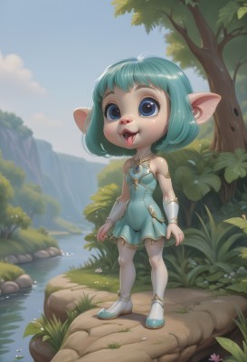 1girl,solo,looking at viewer,smile,short hair,open mouth,blue eyes,dress,animal ears,bare shoulders,jewelry,blue hair,standing,full body,flower,outdoors,green hair,sky,shoes,teeth,day,tongue,pointy ears,cloud,tongue out,water,tree,blue sky,aqua hair,blue dress,short dress,grass,nature,furry,furry female,river,pond,yordle,thighhighs,rock,aqua dress