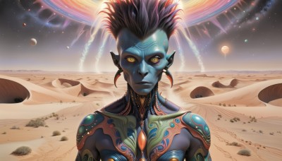 1girl,solo,looking at viewer,short hair,black hair,1boy,jewelry,closed mouth,yellow eyes,upper body,male focus,earrings,sky,pointy ears,tattoo,glowing,colored skin,facial mark,star (sky),starry sky,colored sclera,science fiction,fantasy,sand,blue skin,space,planet,alien,black skin,earth (planet),desert,full-body tattoo,outdoors,spiked hair,realistic,green skin,yellow sclera,spacecraft,mohawk,cyberpunk