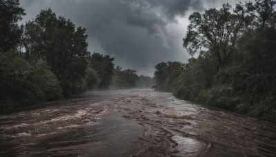 outdoors,sky,day,cloud,water,tree,no humans,cloudy sky,nature,scenery,forest,road,bush,river,fog,grey sky,grass,landscape,path,overcast