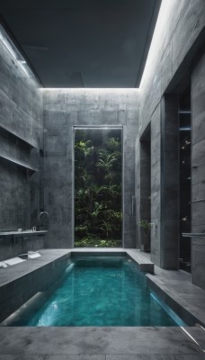 outdoors,sky,indoors,water,tree,no humans,window,plant,building,scenery,reflection,door,tiles,pool,tile floor,night