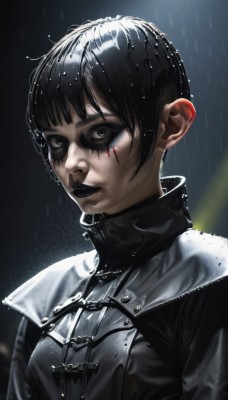 1girl,solo,looking at viewer,short hair,bangs,black hair,brown eyes,closed mouth,jacket,upper body,outdoors,blurry,black eyes,lips,wet,blood,makeup,blurry background,scar,facial mark,lipstick,eyeshadow,freckles,rain,blood on face,nose,eyeliner,wet hair,black lips,breasts,artist name,signature,black jacket,portrait,high collar,realistic,facepaint