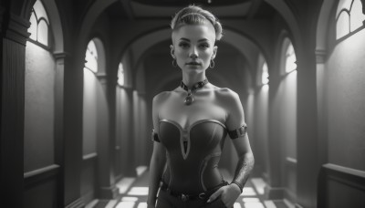 1girl,solo,breasts,looking at viewer,short hair,cleavage,bare shoulders,jewelry,medium breasts,closed mouth,collarbone,monochrome,upper body,greyscale,earrings,choker,belt,indoors,necklace,hair bun,lips,hand on hip,strapless,tattoo,armlet,hoop earrings,realistic,hair ornament,dress,standing,parted lips,detached sleeves,blurry,collar,bracelet,window,piercing,sunlight,single hair bun,strapless dress,pendant,backlighting,hand in pocket,nose,hair up