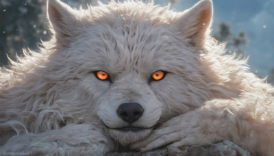 solo, looking at viewer, closed mouth, artist name, blurry, orange eyes, no humans, blurry background, animal, watermark, realistic, white fur, wolf, fluffy