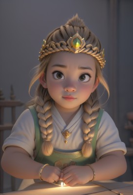 1girl,solo,long hair,looking at viewer,blush,blonde hair,brown hair,dress,brown eyes,jewelry,closed mouth,upper body,braid,short sleeves,artist name,indoors,necklace,blurry,twin braids,bracelet,lips,depth of field,blurry background,table,tiara,aged down,crown,gem,child,hair over shoulder,freckles,green dress,realistic,nose,female child,pencil,writing,shirt,holding,green eyes,white shirt,backlighting,letter