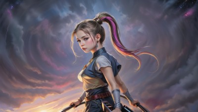 1girl,solo,long hair,breasts,looking at viewer,blue eyes,blonde hair,holding,jewelry,medium breasts,ponytail,weapon,purple hair,short sleeves,multicolored hair,earrings,outdoors,parted lips,sky,belt,sword,cloud,holding weapon,from side,two-tone hair,lips,holding sword,cloudy sky,high ponytail,knife,sheath,star (sky),dual wielding,nose,brown hair,shirt,black hair,upper body,pink hair,artist name,necklace,streaked hair,blue shirt,staff,realistic,brown belt