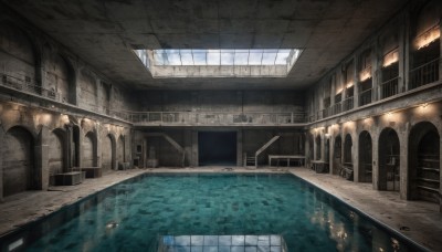 sky,day,cloud,indoors,water,no humans,window,sunlight,building,scenery,reflection,light rays,stairs,door,tiles,pool,architecture,tile floor,ruins,pillar,ceiling,hallway,arch,column,blue sky,railing,bridge