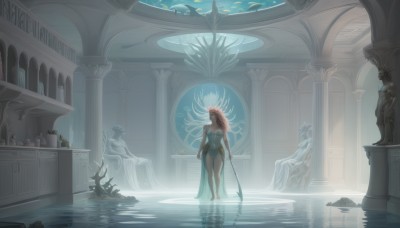 1girl,solo,long hair,breasts,dress,holding,bare shoulders,sitting,very long hair,standing,ponytail,weapon,pink hair,barefoot,indoors,water,from behind,white dress,chain,plant,scenery,wading,reflection,fish,fantasy,wide shot,pillar,vase,statue,column,cleavage,medium breasts,bare legs,sunlight,polearm