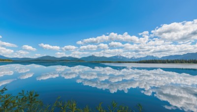 outdoors,sky,day,cloud,water,tree,blue sky,no humans,cloudy sky,grass,nature,scenery,forest,reflection,mountain,horizon,landscape,lake,reflective water,ocean,plant,summer