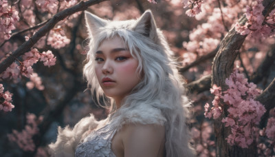 1girl, solo, long hair, looking at viewer, animal ears, upper body, flower, white hair, parted lips, cat ears, blurry, tree, lips, blurry background, cherry blossoms, freckles, realistic, nose, branch