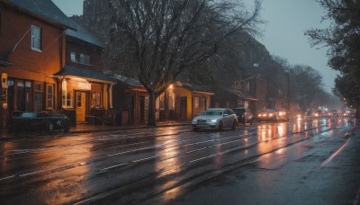 outdoors,sky,tree,no humans,window,night,ground vehicle,building,night sky,scenery,motor vehicle,reflection,city,car,road,house,vehicle focus,lamppost,bare tree,street,artist name,signature,rain,door,light,puddle,pavement