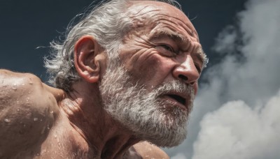 solo,open mouth,1boy,white hair,male focus,outdoors,sky,cloud,wet,facial hair,portrait,beard,realistic,nose,mustache,manly,old,old man,wrinkled skin,parted lips,from side,cloudy sky,close-up,veins