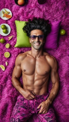 solo,looking at viewer,smile,black hair,1boy,jewelry,nipples,male focus,lying,food,pants,dark skin,on back,grin,lips,pillow,tattoo,muscular,fruit,facial hair,from above,abs,sunglasses,pectorals,topless male,realistic,apple,orange (fruit),lemon,afro,navel,earrings,muscular male,beard,plate,chest hair,arm hair