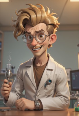 solo,looking at viewer,smile,short hair,blonde hair,brown hair,shirt,long sleeves,1boy,holding,brown eyes,jacket,upper body,male focus,glasses,teeth,indoors,grin,blurry,depth of field,blurry background,facial hair,thick eyebrows,pocket,watch,realistic,round eyewear,mustache,labcoat,wristwatch,brown shirt,male child,chalkboard,screwdriver,artist name,signature,lips,desk,pen,test tube,brown-framed eyewear