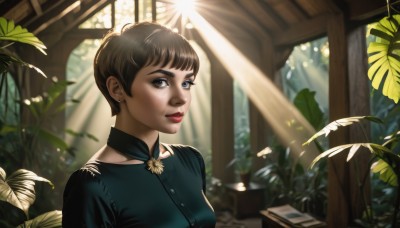 1girl,solo,breasts,looking at viewer,smile,short hair,bangs,brown hair,shirt,dress,brown eyes,jewelry,collarbone,upper body,earrings,parted lips,day,indoors,blurry,black eyes,lips,book,black shirt,eyelashes,window,makeup,leaf,sunlight,plant,lipstick,light rays,nose,red lips,very short hair,black hair,freckles,realistic,sunbeam