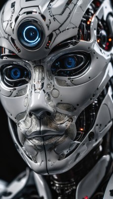 1girl,solo,looking at viewer,blue eyes,1boy,blurry,depth of field,glowing,helmet,robot,portrait,mecha,close-up,1other,reflection,spot color,science fiction,realistic,cable,spacesuit,cyberpunk,eye focus,monochrome,from above,black background,machinery,android,mechanical parts,machine