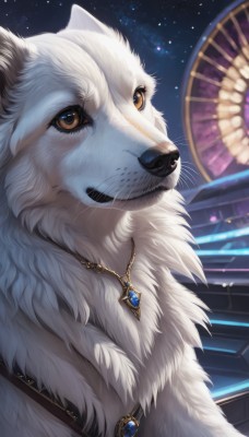 solo,brown eyes,jewelry,upper body,outdoors,sky,artist name,signature,necklace,no humans,night,animal,scar,looking up,brooch,gem,star (sky),night sky,scar on face,pendant,starry sky,dog,scar across eye,animal focus,white fur,fluffy,cat,realistic,architecture,east asian architecture