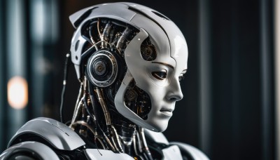 solo,blue eyes,1boy,upper body,male focus,blurry,no humans,blurry background,helmet,robot,portrait,mecha,1other,science fiction,realistic,android,cable,cyborg,cyberpunk,humanoid robot,1girl,closed mouth,from side,lips,profile,depth of field,expressionless,close-up,joints,robot joints,mechanical parts