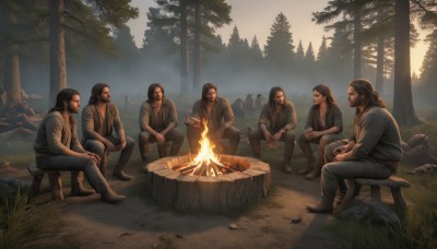 long hair,brown hair,shirt,black hair,jewelry,sitting,jacket,male focus,boots,outdoors,food,multiple boys,pants,necklace,tree,facial hair,bird,brown footwear,grass,fire,nature,beard,forest,6+boys,rock,realistic,mustache,5boys,cooking,tree stump,log,tent,campfire,wood,1girl,vest,denim