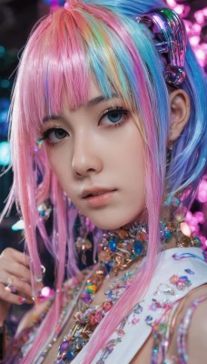 1girl,solo,long hair,looking at viewer,bangs,hair ornament,jewelry,blue hair,upper body,pink hair,multicolored hair,earrings,parted lips,blunt bangs,necklace,nail polish,blurry,black eyes,two-tone hair,lips,grey eyes,makeup,depth of field,blurry background,ring,gem,portrait,pink nails,realistic,nose,blue eyes,bracelet,fingernails,eyelashes,watermark,nail art