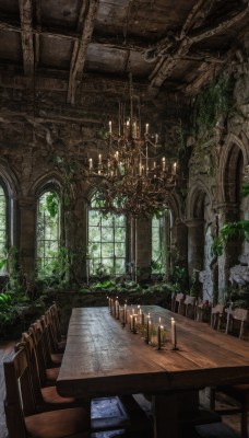 day,indoors,tree,no humans,window,chain,chair,table,sunlight,plant,scenery,light rays,stairs,fantasy,candle,ruins,vines,pillar,arch,candlestand,chandelier,overgrown,wooden chair,fire,wooden floor,flame