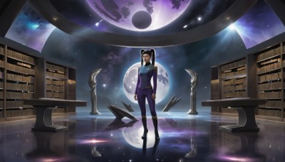 1girl,solo,black hair,standing,uniform,book,bodysuit,moon,star (sky),floating,reflection,science fiction,bookshelf,space,planet,library,long hair,twintails,glasses