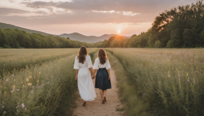 long hair, multiple girls, skirt, brown hair, shirt, dress, 2girls, white shirt, flower, short sleeves, outdoors, sky, shoes, cloud, from behind, black footwear, white dress, tree, holding hands, grass, scenery, sunset, long skirt, mountain, sun, field