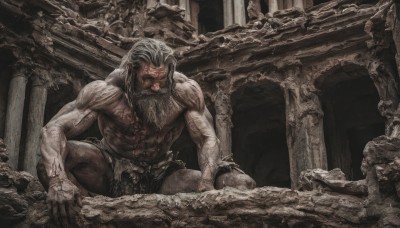 solo,long hair,1boy,monochrome,weapon,grey hair,male focus,shorts,blood,muscular,facial hair,scar,muscular male,beard,veins,topless male,mustache,ruins,old,old man,pillar,statue,looking at viewer,sitting,closed mouth,white hair,barefoot,chain,abs,realistic,manly,loincloth,column