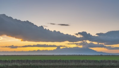 outdoors,sky,cloud,tree,no humans,cloudy sky,grass,nature,scenery,forest,sunset,field,twilight,landscape,gradient sky,orange sky,blue sky,mountain,sun