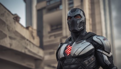 solo,looking at viewer,red eyes,1boy,upper body,male focus,outdoors,armor,blurry,mask,muscular,blurry background,helmet,building,cyborg,day,bodysuit,glowing,superhero,power armor