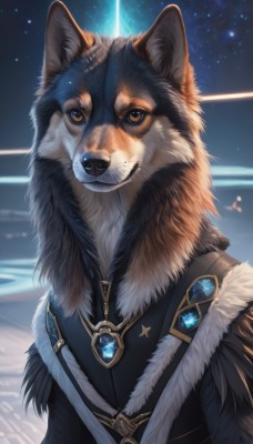 solo,looking at viewer,1boy,brown eyes,jewelry,upper body,male focus,sky,signature,coat,fur trim,no humans,animal,brooch,gem,star (sky),furry,starry sky,dog,animal focus,wolf,blue gemstone,black fur,closed mouth,artist name,necklace,pendant,fur collar,whiskers