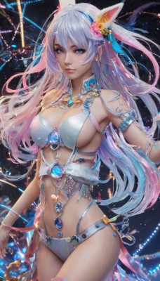 1girl,solo,long hair,breasts,looking at viewer,smile,bangs,blue eyes,large breasts,hair ornament,navel,animal ears,cleavage,hair between eyes,bare shoulders,jewelry,medium breasts,closed mouth,blue hair,standing,purple eyes,swimsuit,pink hair,flower,bikini,multicolored hair,cowboy shot,hairband,earrings,hair flower,necklace,bracelet,lips,sideboob,gradient hair,white bikini,gem,revealing clothes,armlet,realistic,nose,white hair